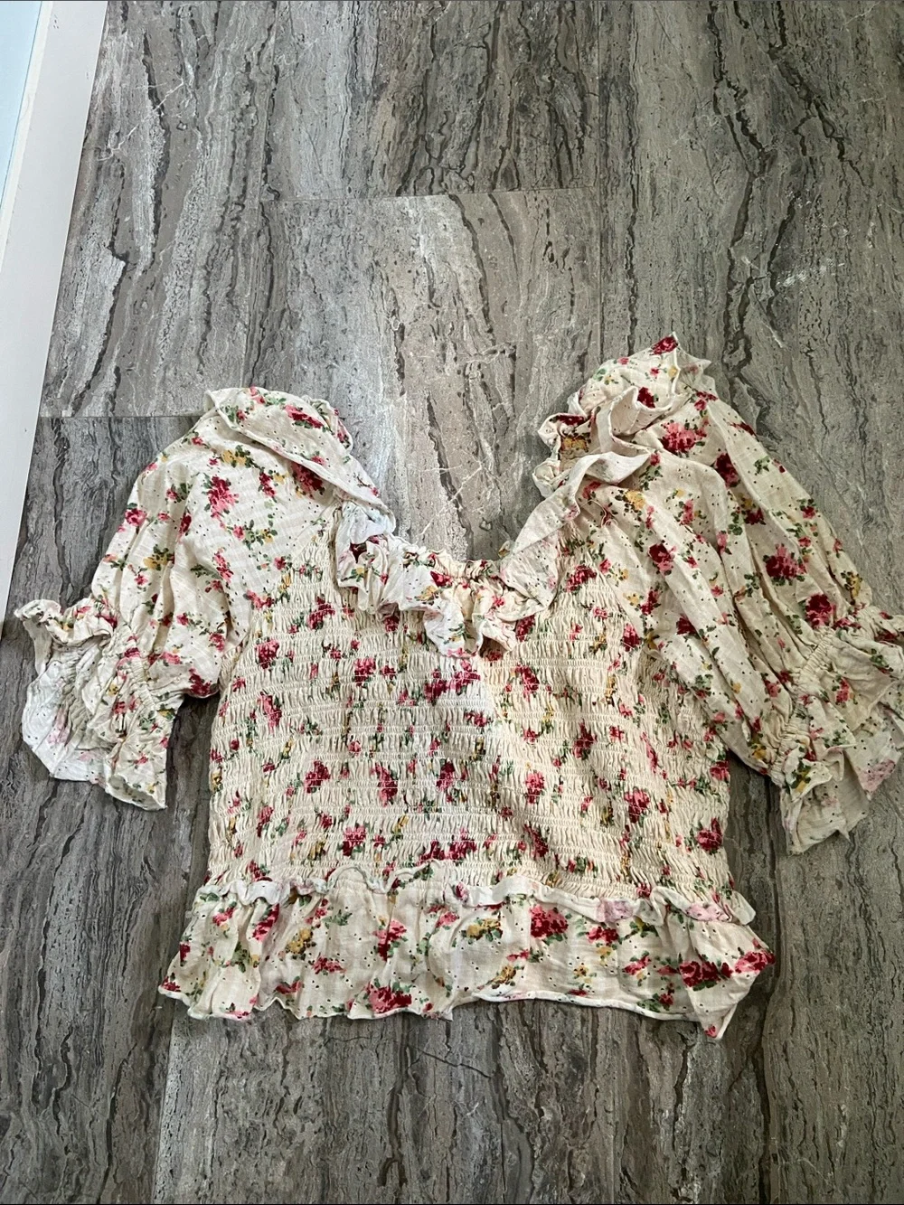 Free People Cream Floral Smocked Puff-Sleeve Top